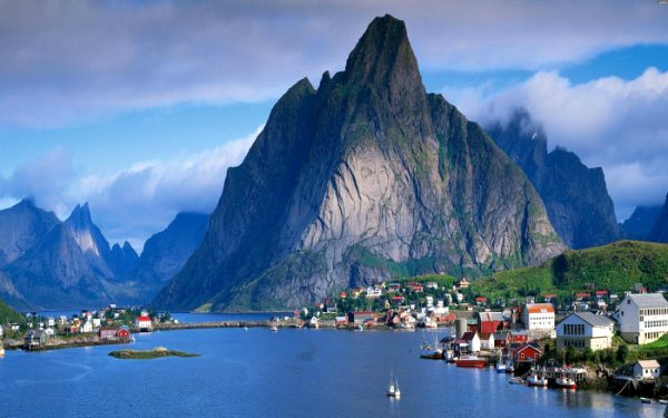 panoramic view of mountain peak and fjord in Norway