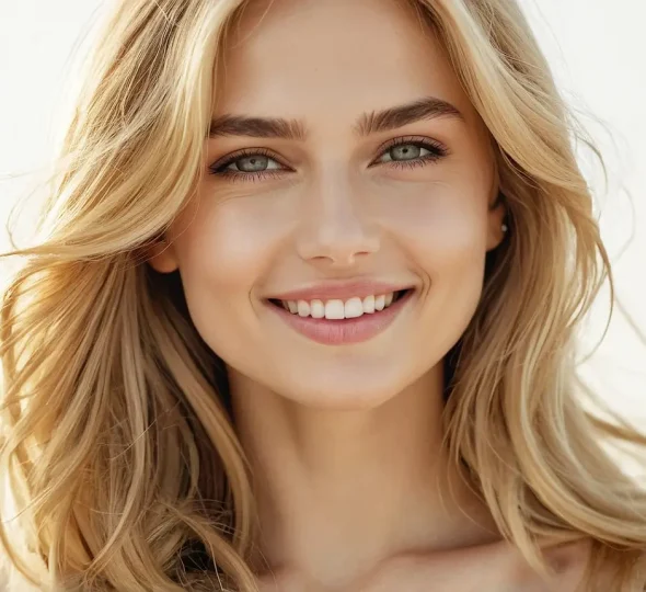 Beautiful blonde woman is smiling