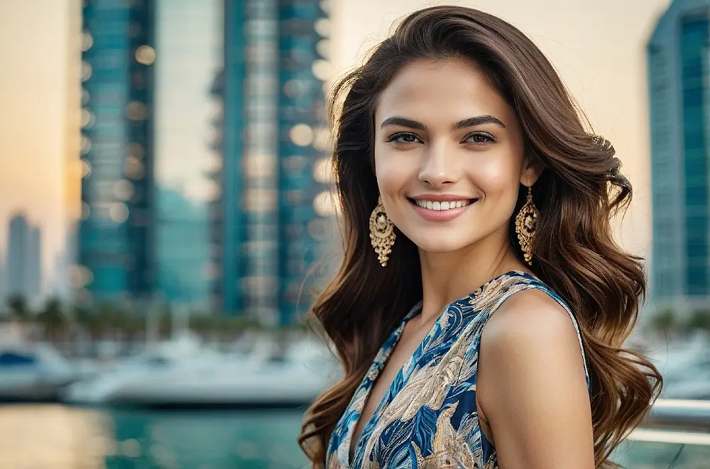 Elegant female travel companion in Dubai hotel lounge