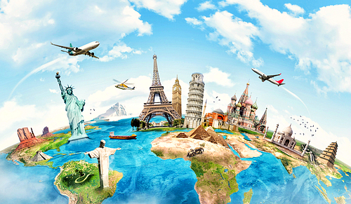 panoramic view of European city skyline with blue sky and canal