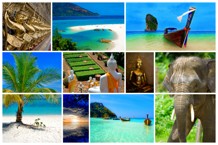 collage with statues of buddha elephant and blue sea
