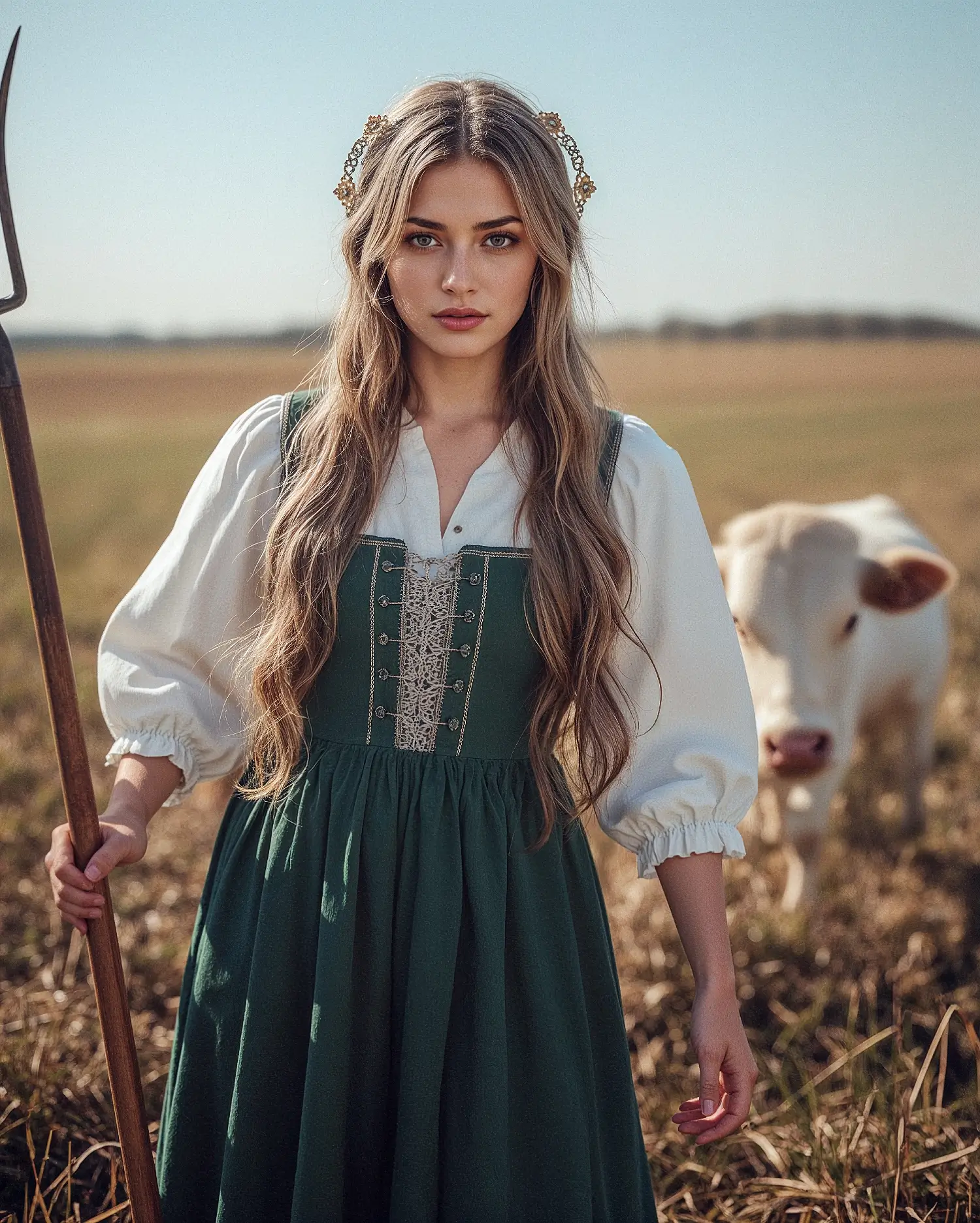 Young Slavic woman in traditional green folk dress with a staff, standing in a field with a white cow in the background.