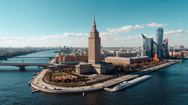 panoramic view of Moscow riverbank with towers and domes under blue sky