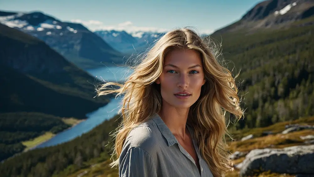 scandinavian escort beautiful girl is surrounded Norwegian mountains
