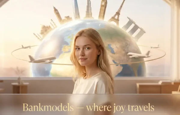 Smiling blonde woman in soft sunlight with global skyline behind her and the Bankmodels slogan ‘where joy travels
