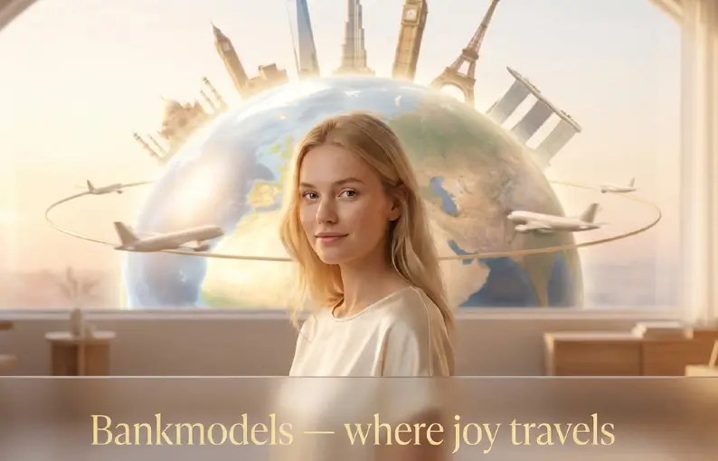 Smiling blonde woman in soft sunlight with global skyline behind her and the Bankmodels slogan ‘where joy travels