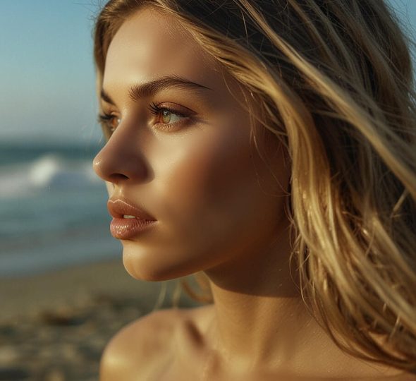 Elegant brunette gazing toward the horizon at sunset, capturing the essence of luxury companionship