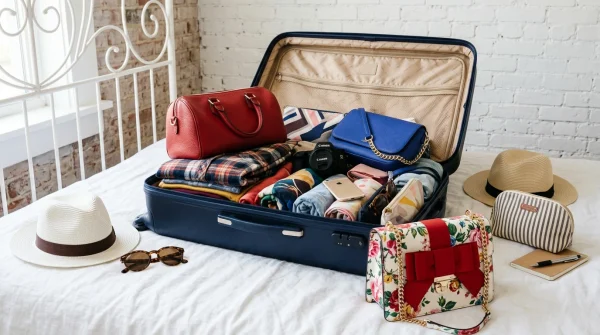 Open suitcase with clothes, hats and bags ready for a stylish trip across Europe with a travel companion