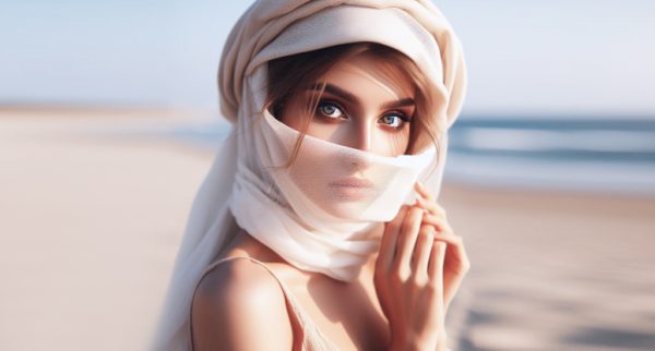 Elegant woman veiled in soft ivory fabric, standing by the sea — discreet luxury travel companion embracing privacy and refinement