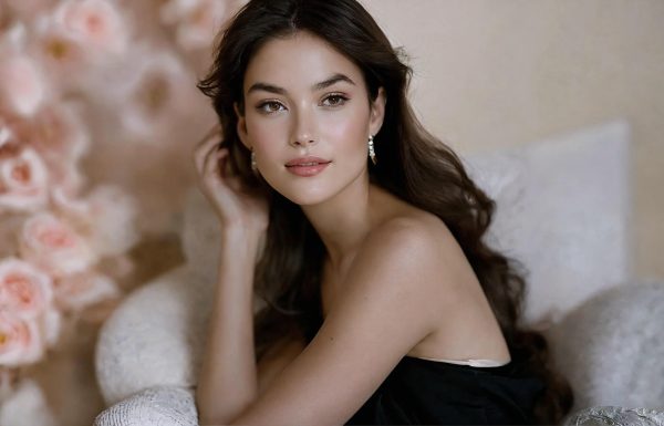 Brunette woman in silk robe resting on a velvet bed — premium travel companion service in London