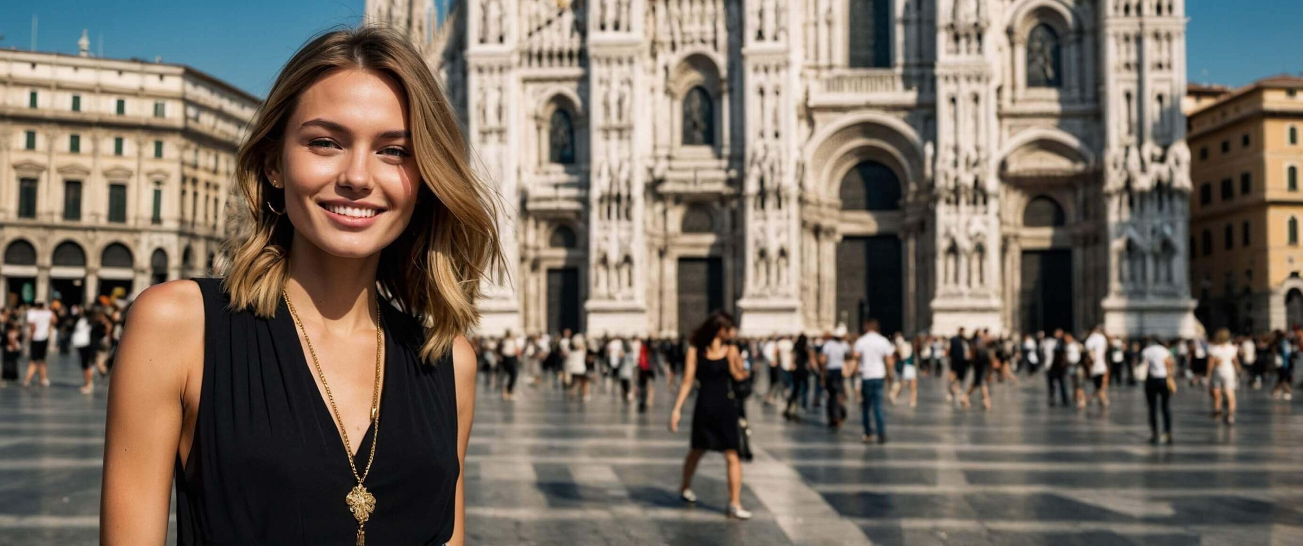 Elegant woman standing in front of classic Milan architecture, embodying luxury and confidence