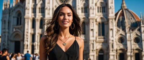 Chic brunette woman posing in a stylish Milanese setting, representing refined European beauty