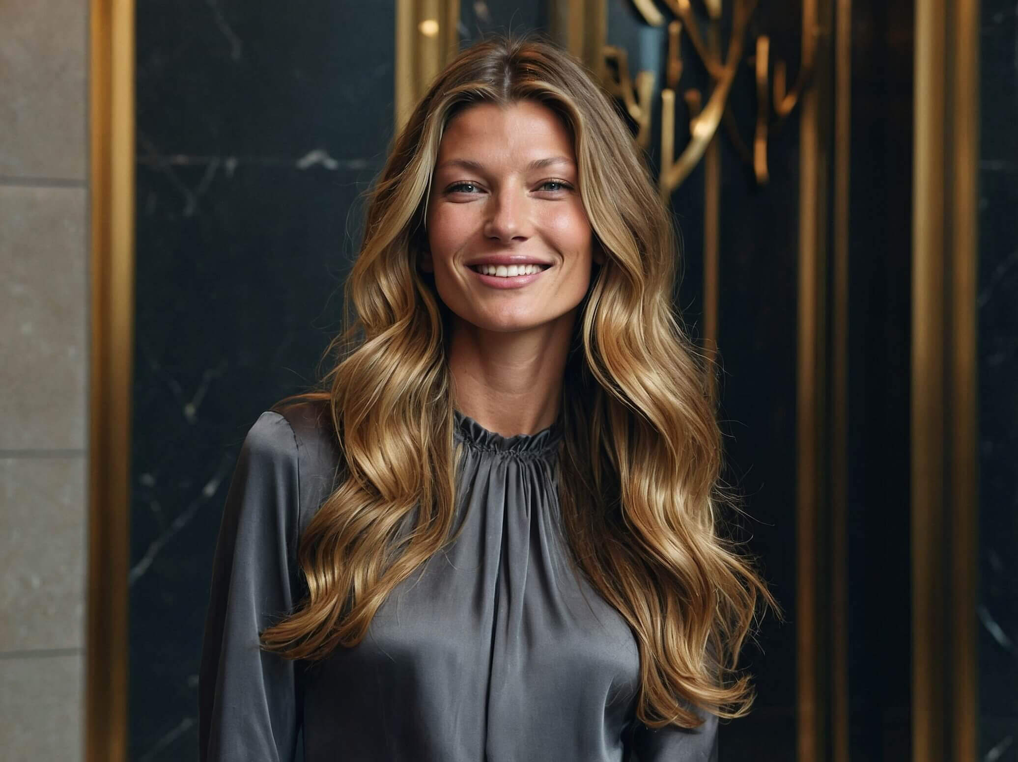 Stylish brunette smiling in the heart of Milan, representing luxury and charm with Italian flair