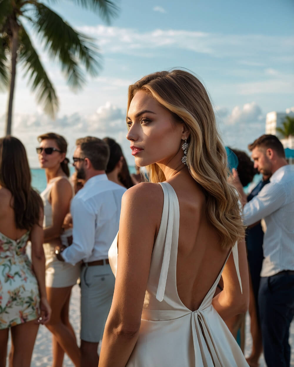 Blonde woman in white dress walking by the beach, representing freedom and elegance of a luxury lifestyle