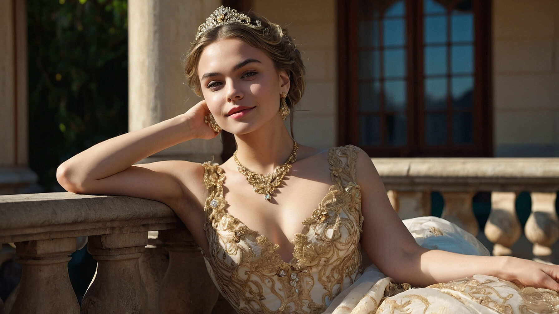 Noble-looking beauty in baroque dress and ornate jewelry, radiating timeless grace in a luxurious palace interior