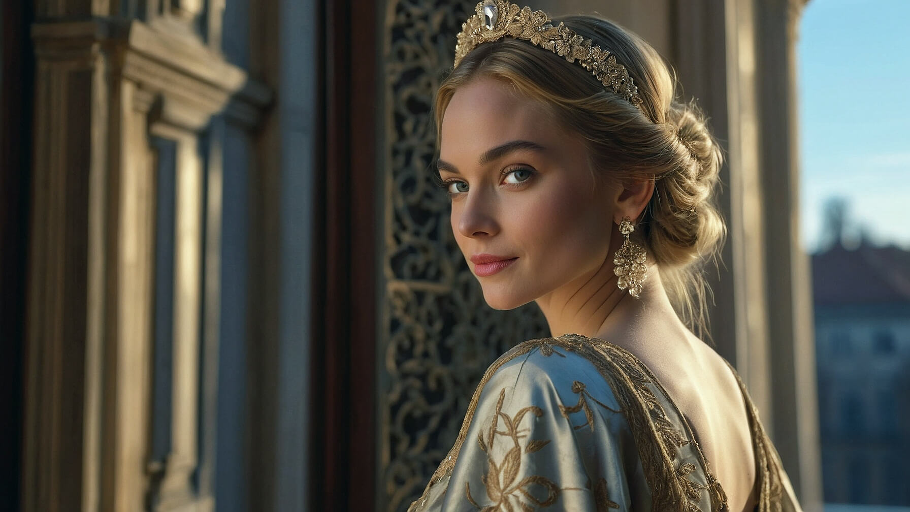 Portrait of an elite courtesan in London, dressed in opulent baroque attire with golden jewelry, standing in a lavish historic interior