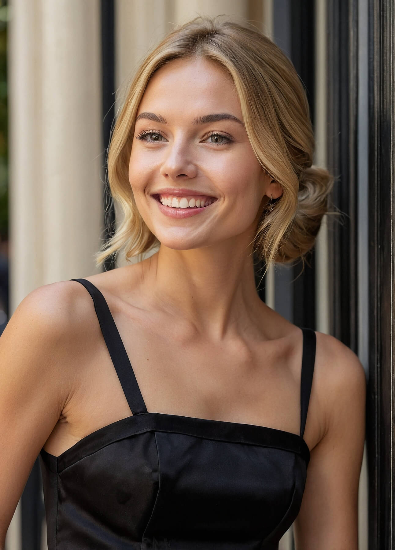 Chic blonde woman with a radiant smile, dressed for a luxurious day in London