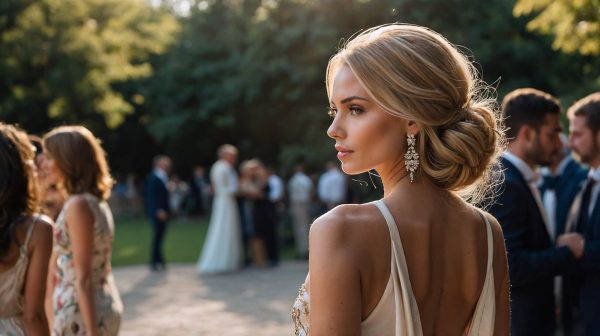 Stylish woman in backless dress walking toward a private dinner setting