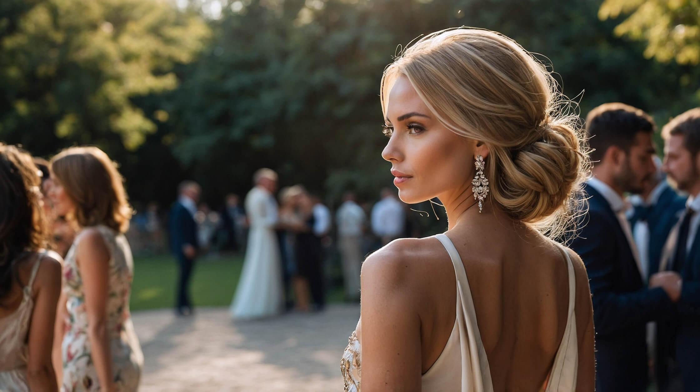 Stylish woman in backless dress walking toward a private dinner setting
