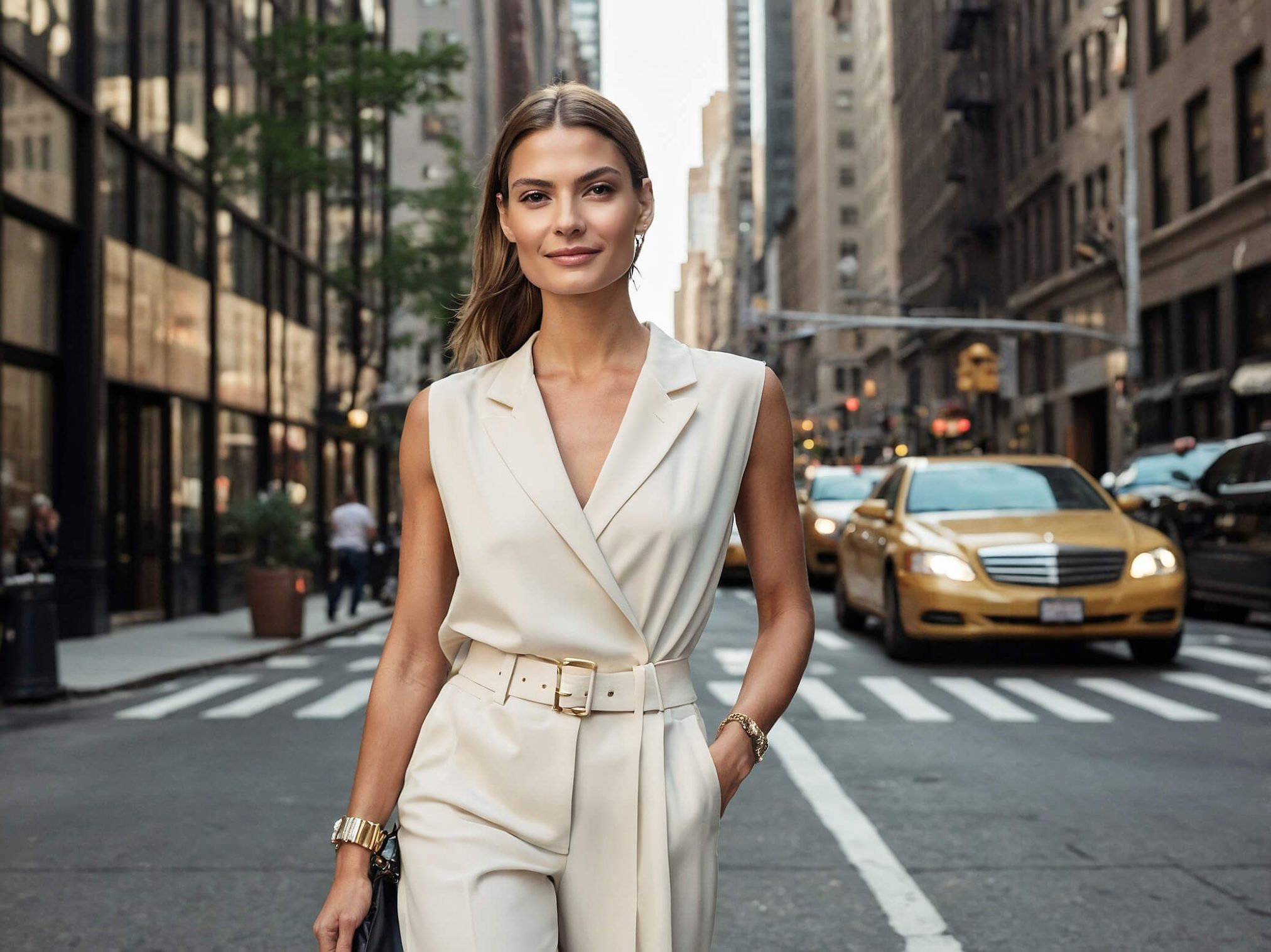 Beautiful young woman walking through Manhattan