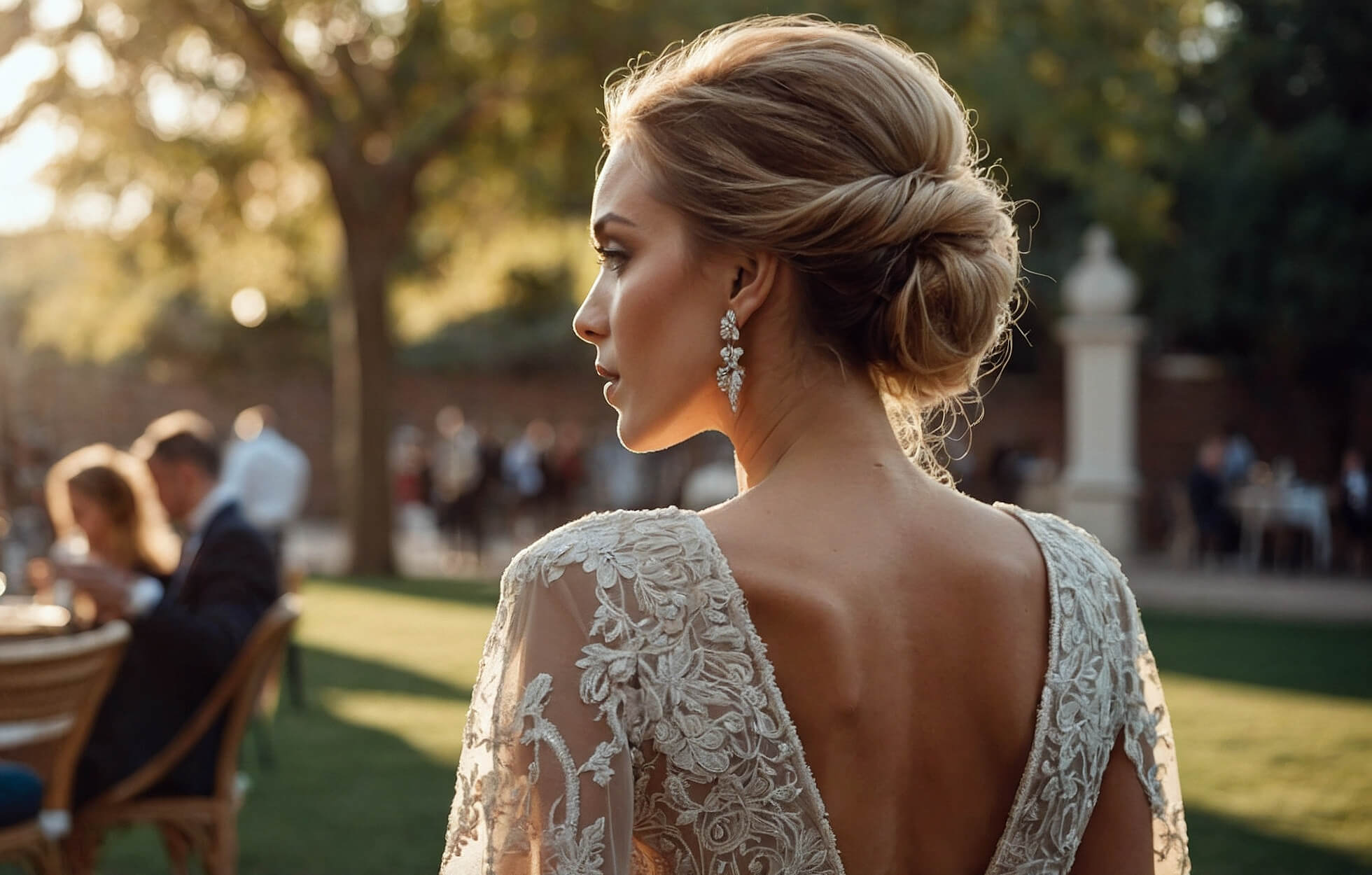 Stylish woman in backless dress walking toward a private dinner setting