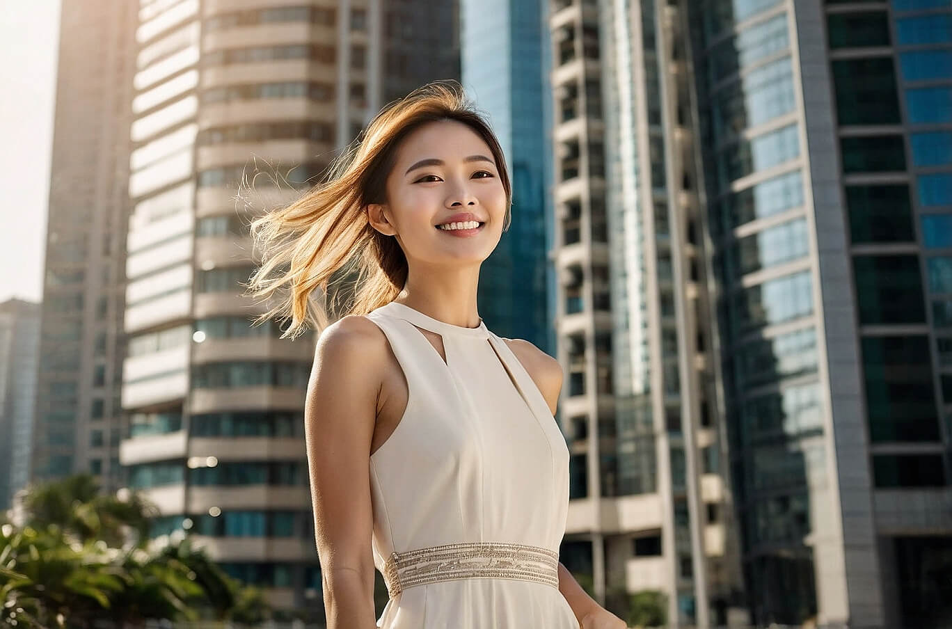 Sophisticated woman in Singapore skyline setting