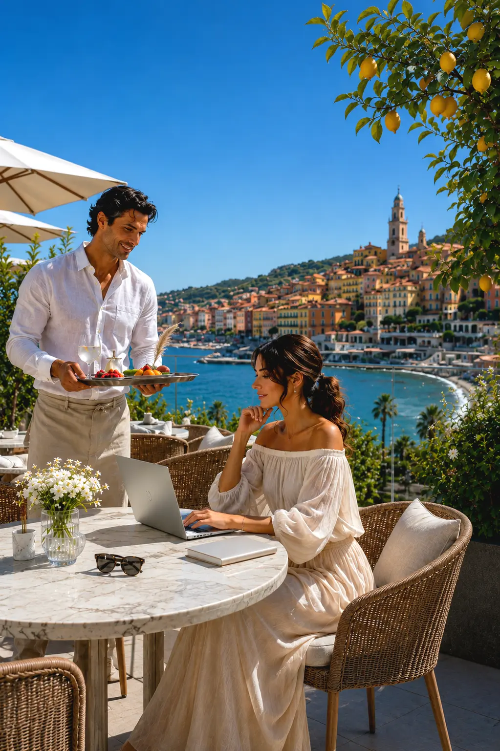 Successful woman working at a seaside terrace