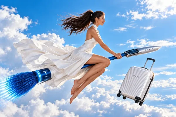 Successful woman flying on a broom with luggage