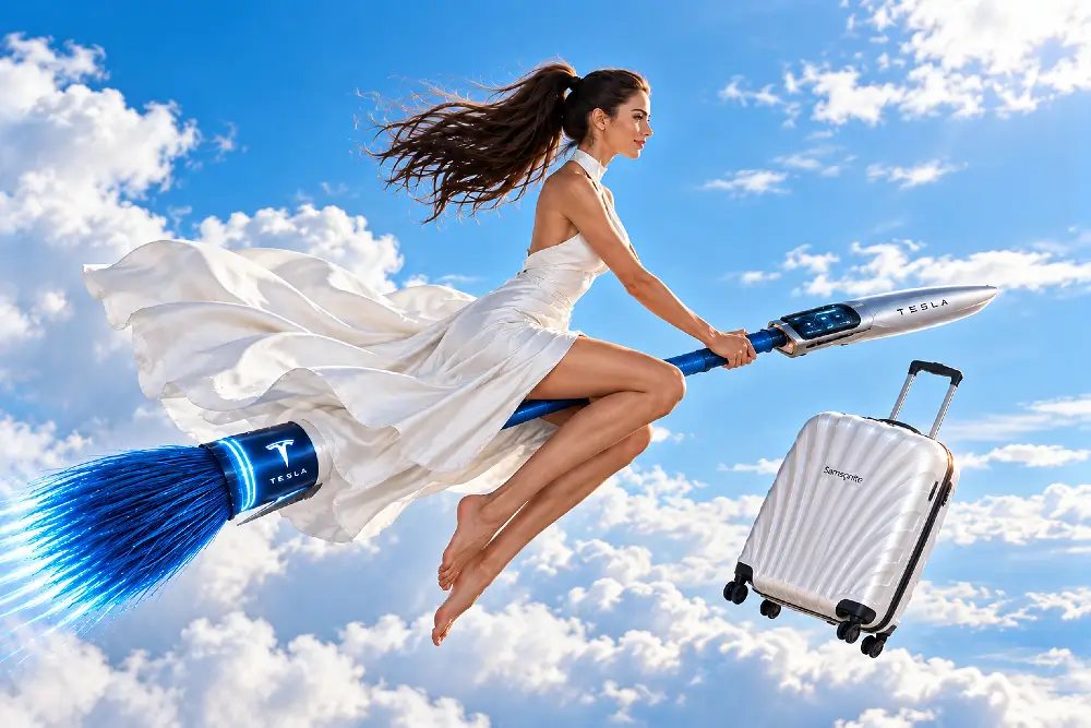 Successful woman flying on a broom with luggage