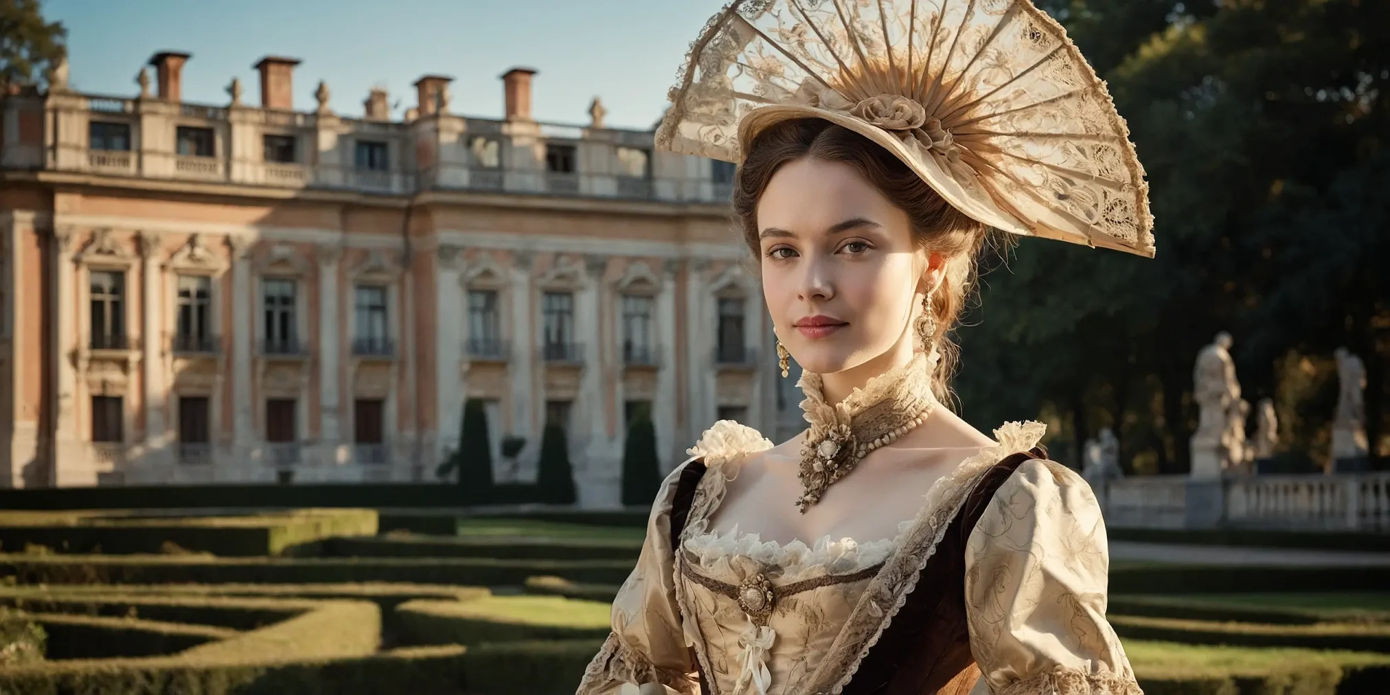 Elegant young elite courtesan in Victorian gown standing on a sunlit palace lawn, wearing an ornate lace hat and subtle smile, surrounded by aristocratic garden architecture
