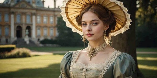Refined 19th-century courtesan in pastel green dress and wide-brimmed bonnet, posing in front of a grand English estate in warm afternoon light.