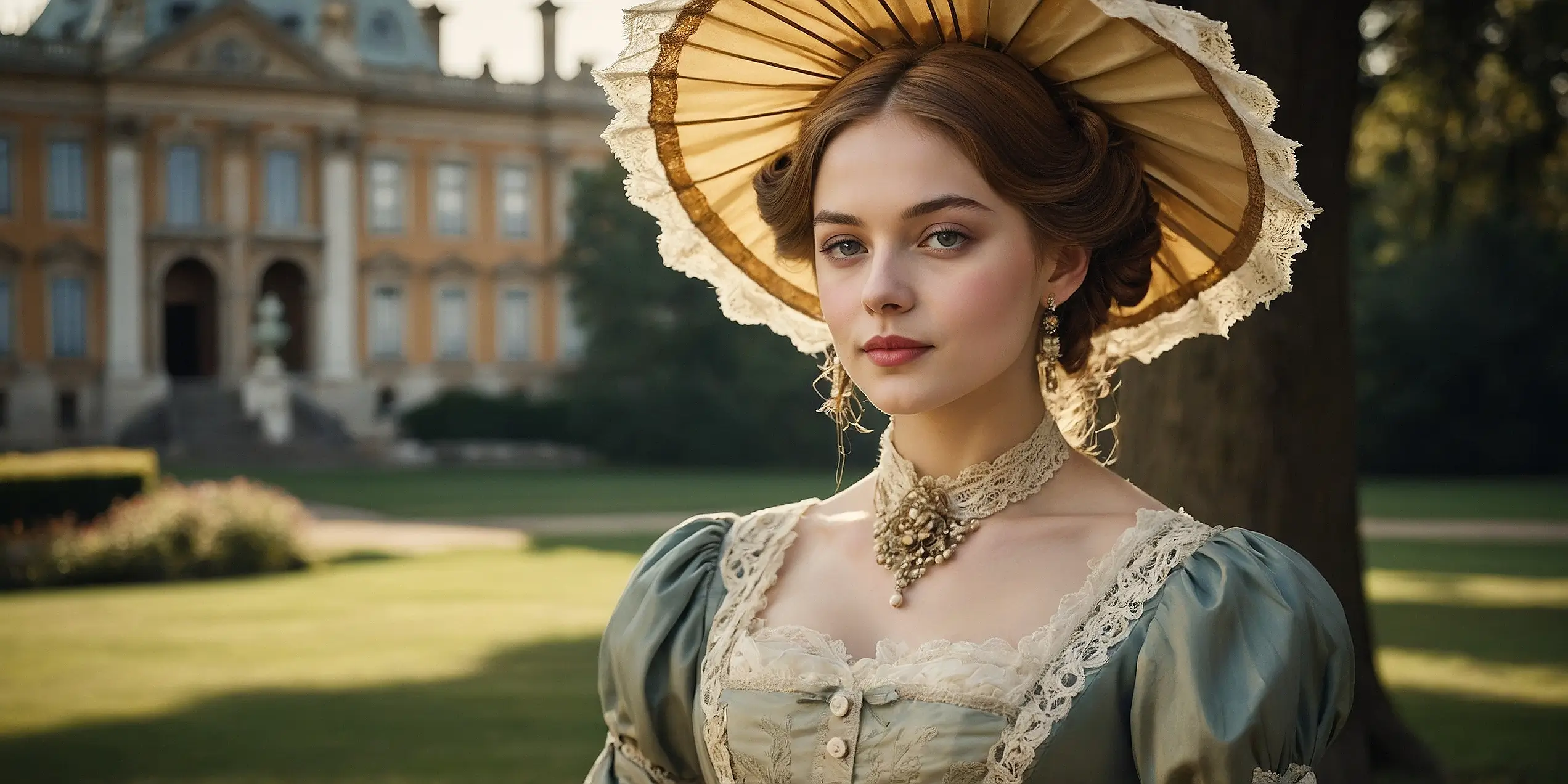 Refined 19th-century courtesan in pastel green dress and wide-brimmed bonnet, posing in front of a grand English estate in warm afternoon light.