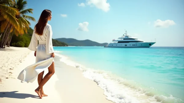 Elegant brunette model in a white dress walking barefoot along a tropical beach, with a luxury yacht anchored in turquoise waters — perfect representation of high-end models for hire.