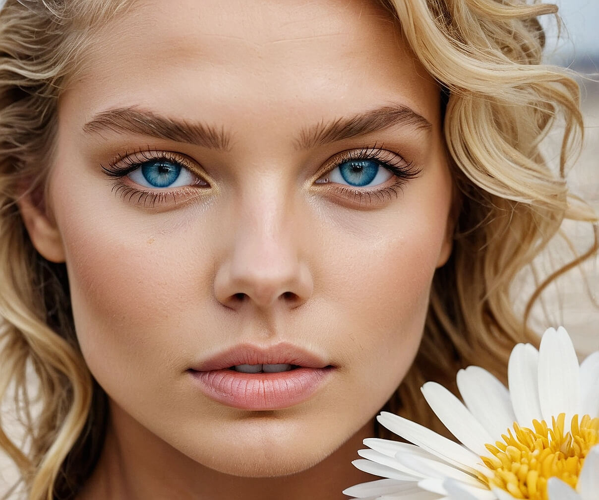 Blue-eyed beauty with flowers, refined companion in Barcelona