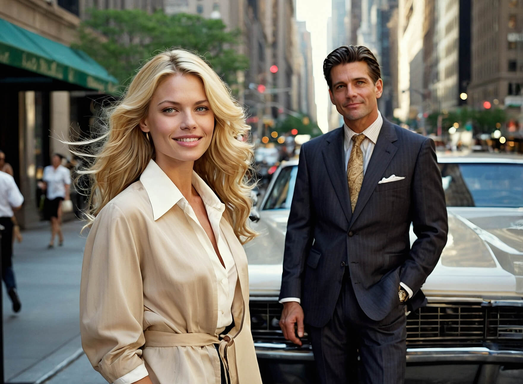 Stylish couple walking together before a romantic dinner in the city