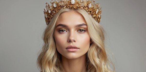 Sophisticated blonde woman with crown-like headpiece — representing high-end dating agency.