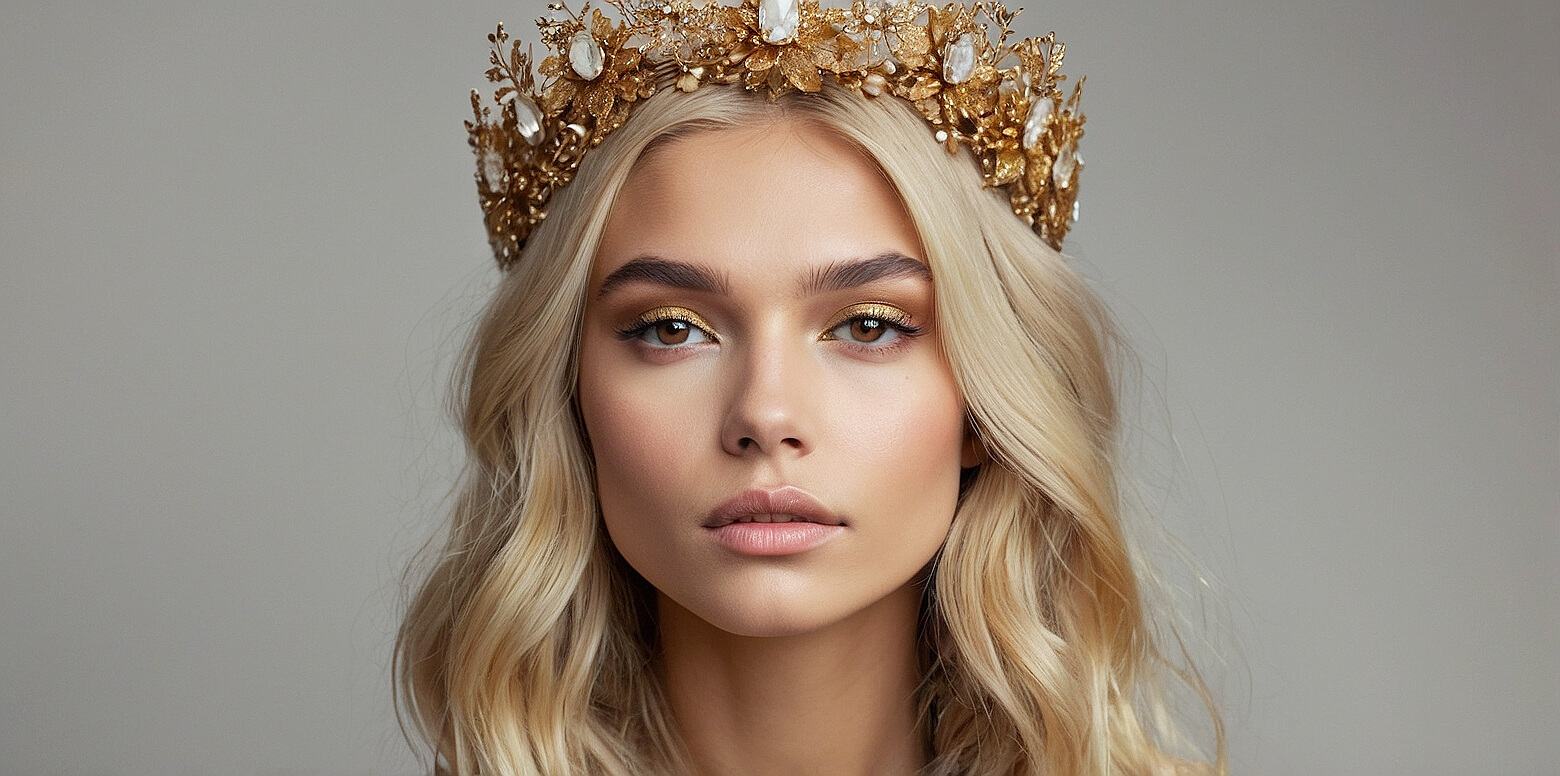 Sophisticated blonde woman with crown-like headpiece — representing high-end dating agency.