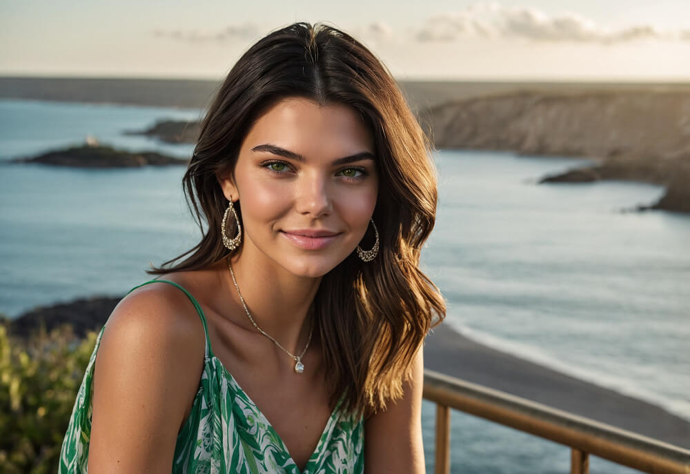 Brunette beauty in turquoise dress smiling by the sea — exclusive companion for unforgettable coastal moments.