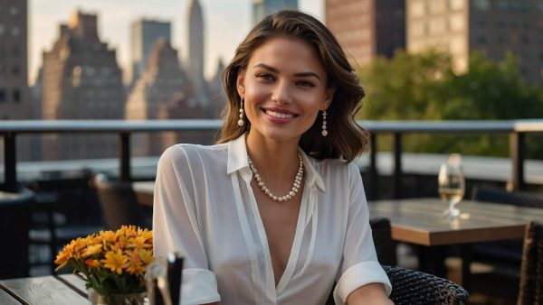 Elegant woman at a rooftop restaurant enjoying a high class dinner experience