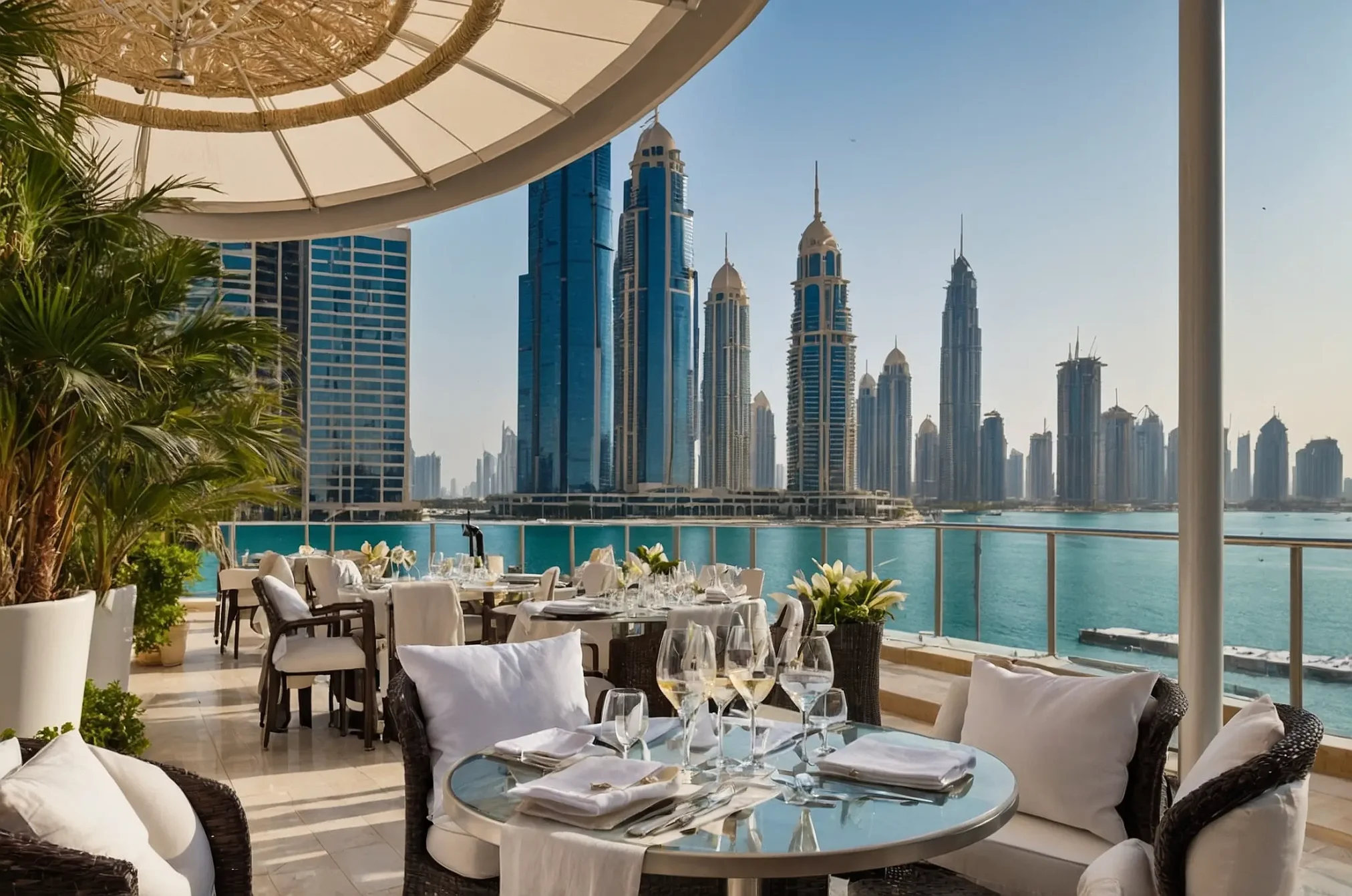 Luxury terrace dining setup overlooking Dubai Marina skyline — perfect setting to hire a model for the day.