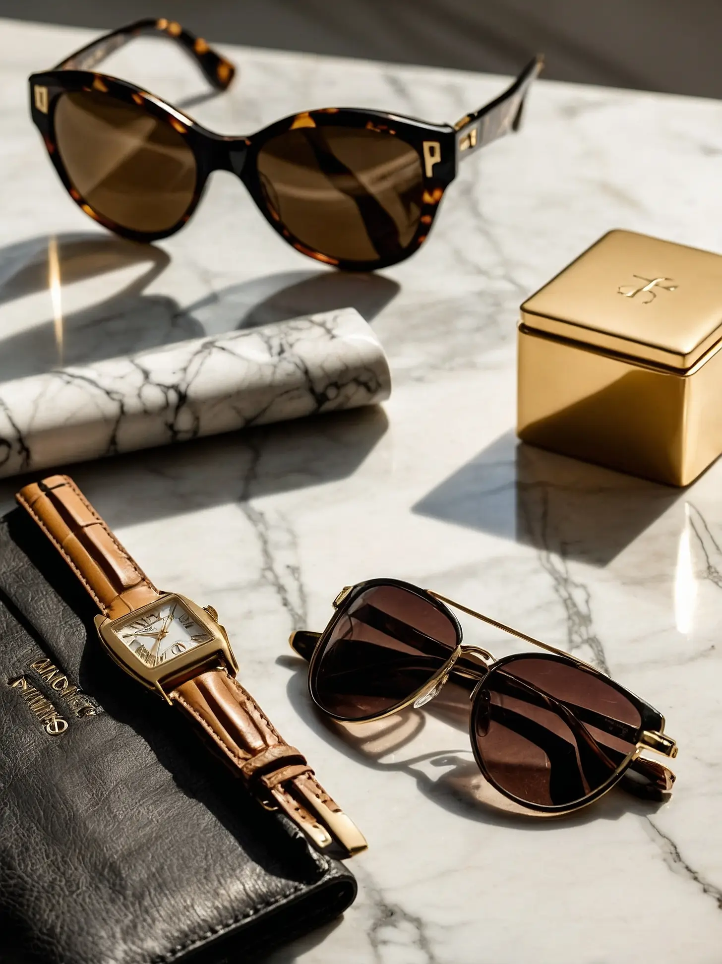 Luxury sunglasses, gold watch, and elegant accessories for rich singles lifestyle
