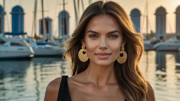 Sophisticated woman near the marina, exuding calm and charm in a discreet dating setting