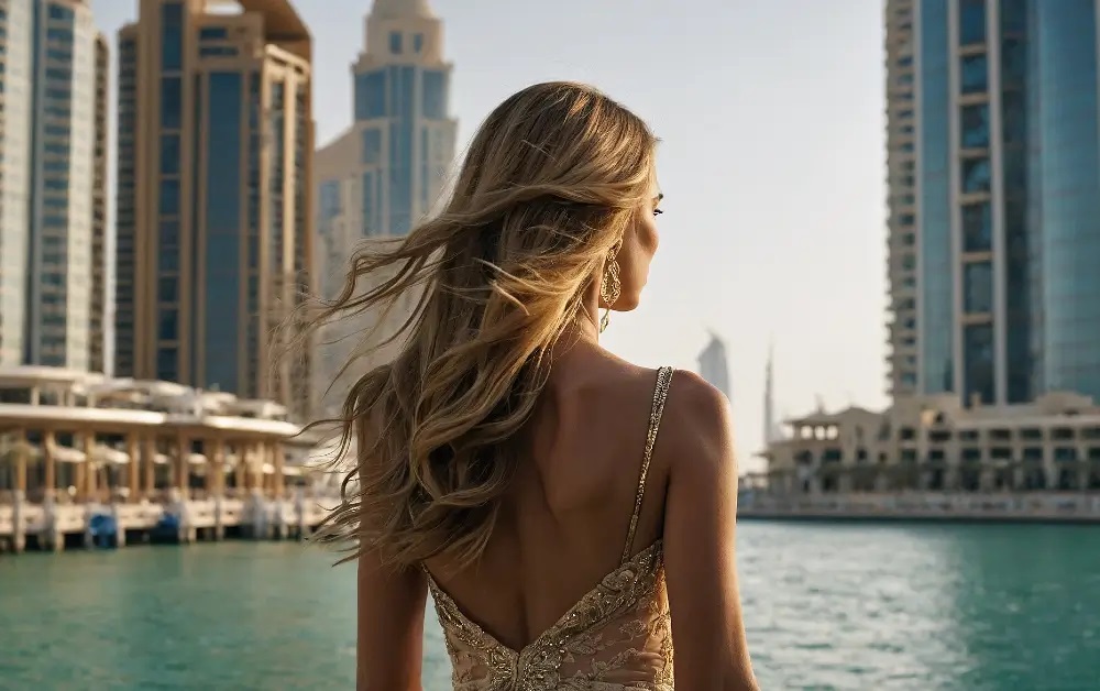 Elegant Russian woman by the water in a luxury setting — beauty, confidence, and charm.
