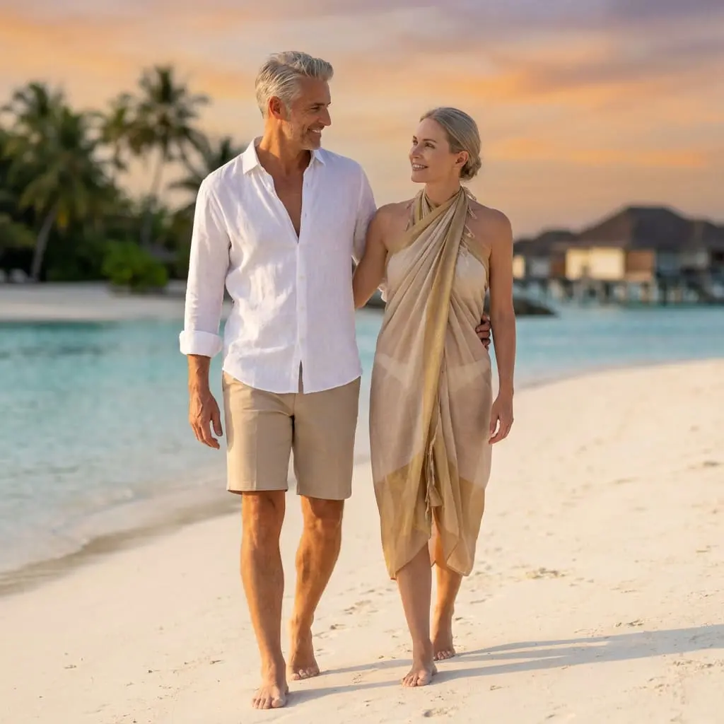 Mature couple walking barefoot on a white sandy beach at sunset