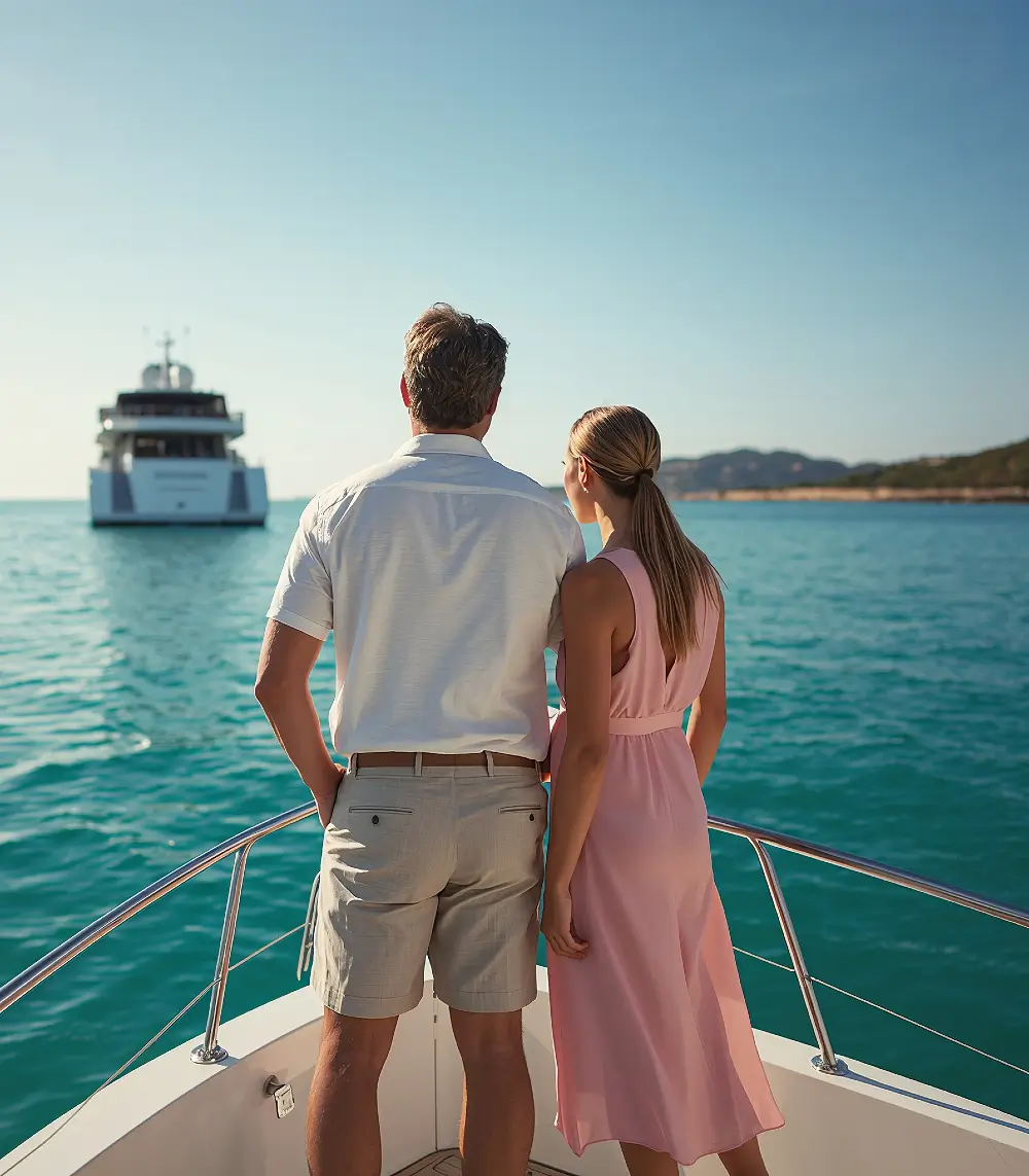 elte travel Luxury couple on a private yacht facing a cruise liner in turquoise sea, elite travel lifestyle.