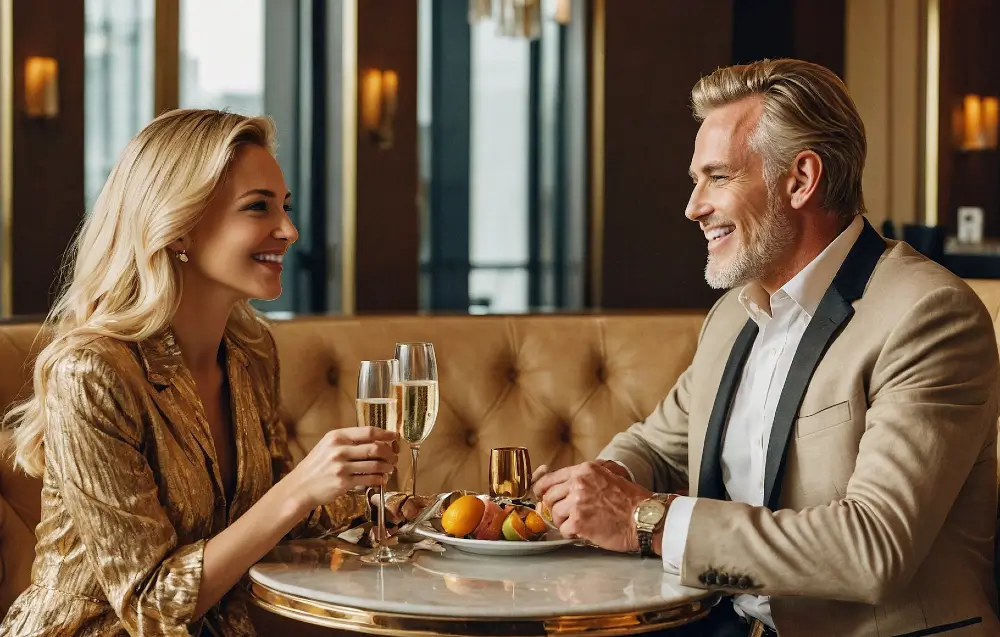 Romantic dinner date with a refined couple enjoying an intimate moment in a luxurious restaurant.