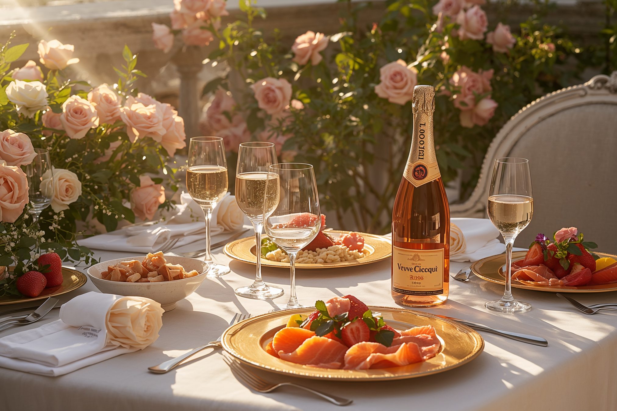 A luxurious still life featuring champagne, fresh fruits, and blooming rose bushes in the background, symbolizing elegance and indulgence.