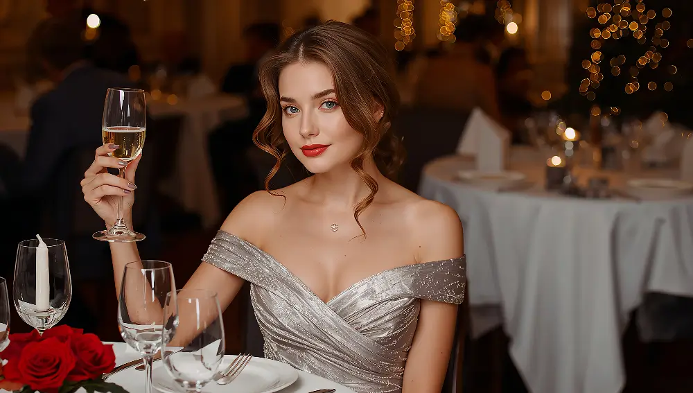 Elegant woman in an off-shoulder silver dress raising a champagne glass during an upscale evening event, representing a refined female travel companion.