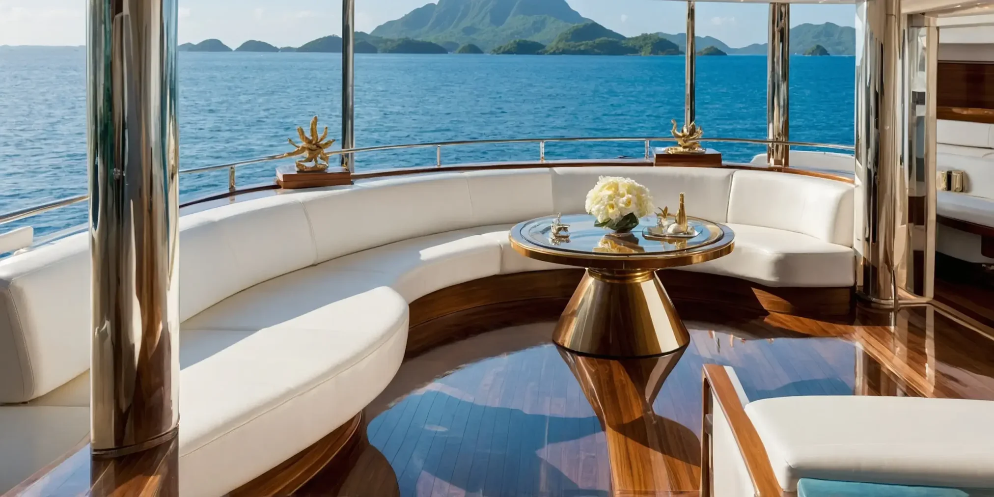Luxurious yacht deck with sleek wood flooring, white leather seating, and a round table set for two, overlooking a tropical island and blue sea.