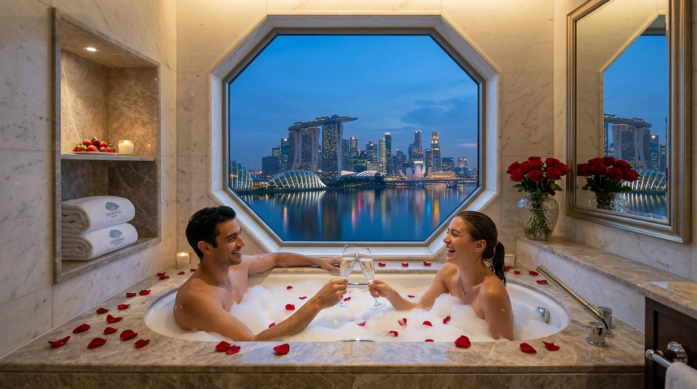 brunette woman sunbathing poolside with city view in background